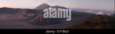 Alba sul Monte Bromo (2329 m) e del Tengger Caldera in Java Orientale, Indonesia. Panorama dal Monte Penanjakan (2.770 m.). Mo Foto Stock