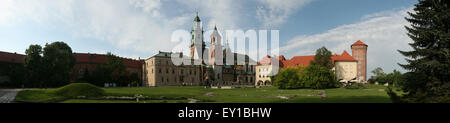 I turisti di fronte alla cattedrale di Wawel e al Palazzo Reale sul colle di Wawel a Cracovia, Polonia. Il panorama è composto da 6 Foto Stock