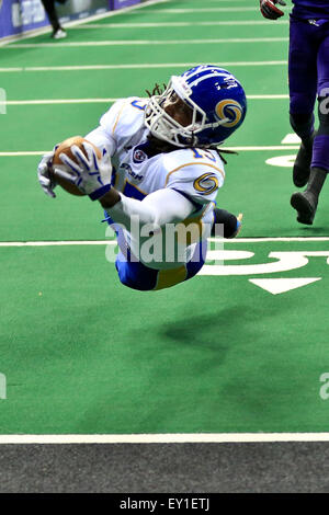 New Orleans, LA, Stati Uniti d'America. 18 Luglio, 2015. Tampa Bay Storm WR Phillip Barnet (15) immersioni per la sfera e punteggi del gioco durante la partita tra i New Orleans VooDoo e il Tampa Bay Storm al Smoothie King Center di New Orleans, LA . Steve Dalmado/CSM/Alamy Live News Foto Stock