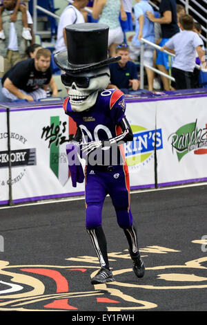 New Orleans, LA, Stati Uniti d'America. 18 Luglio, 2015. New Orleans VooDoo ossa mascotte interagisce con i tifosi durante la partita tra i New Orleans VooDoo e il Tampa Bay Storm al Smoothie King Center di New Orleans, LA . Steve Dalmado/CSM/Alamy Live News Foto Stock
