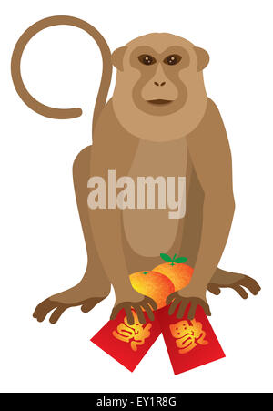 2016 Nuovo anno lunare cinese Monkey Red pacchetti con buona fortuna di un testo in cinese mandarino e illustrazione di arance Foto Stock