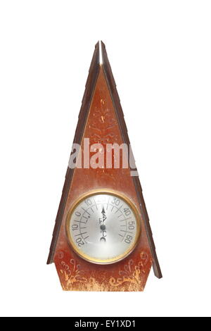 Vintage termometro in un telaio di legno isolato su bianco Foto Stock