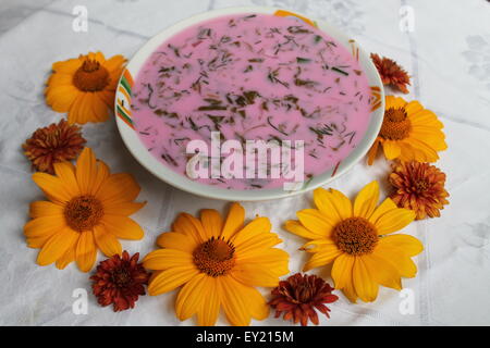 Freddo zuppa rinfrescante dalle giovani della barbabietola in lastra decorata fiori arancione Foto Stock