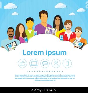 Gruppo di persone Tabella Telefono dispositivi Cloud sociale Illustrazione Vettoriale