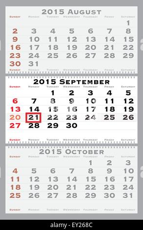 2015 Settembre con red dating mark - corrente contrassegnato holiday è il giorno della pace - illustrazione vettoriale Illustrazione Vettoriale