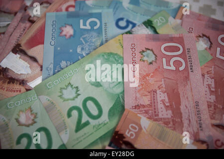 Close up di dollari canadesi, venti dollar Queen Elizabeth prominente. Foto Stock