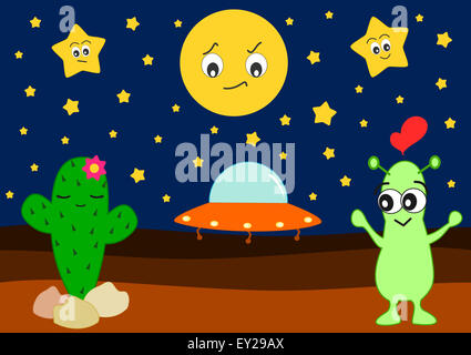 Funny cartoon alien in amore con graziosi cactus umorismo illustrazione Foto Stock