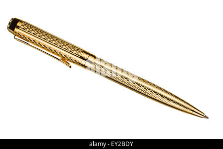 Golden pen isolati su sfondo bianco Foto Stock