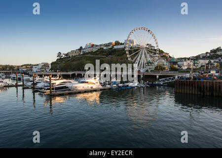 Torquay Harbour a Sunrise con barche di un pontile e la ruota panoramica Ferris Giugno 2015 Devon UK Foto Stock