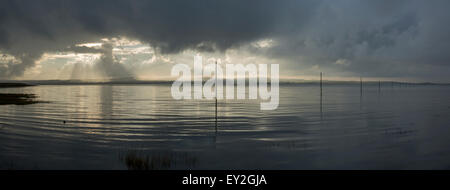 I pellegrini Causeway che conduce al Lindisfarne, dalla costa di Northumberland, Inghilterra, novembre 2014. Foto Stock