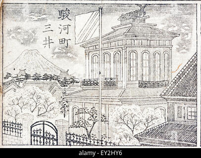 Giappone, periodo Meiji 1882, Mappa di Tokyo, Edo, dettaglio. Linea di margine di disegno del pannello del negozio di Mitsui in Suruga-cho con il Monte Fuji in background. Foto Stock