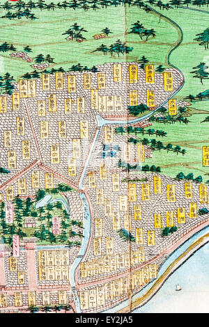 1882 stilizzato colore topografica Mappa di Tokyo, Edo. Dettaglio che mostra una parte della mappa della città con vari quartieri, punti di riferimento marcato con un piccolo banner. Foto Stock