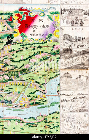 1882 stilizzato colore topografica Mappa di Tokyo, Edo. Dettaglio che mostra una parte della mappa della città e un certo margine di disegni al tratto dei punti di riferimento della città. Foto Stock