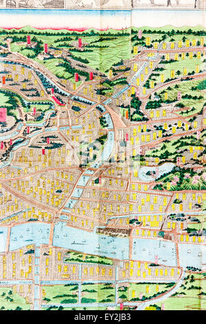 1882 stilizzato colore topografica Mappa di Tokyo, Edo. Dettaglio che mostra una parte della mappa della città con vari quartieri, punti di riferimento marcato con un piccolo banner. Foto Stock