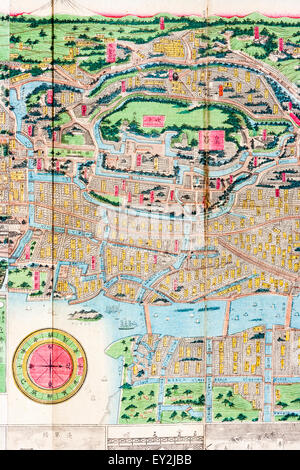 1882 stilizzato colore topografica Mappa di Tokyo, Edo. Dettaglio che mostra una parte della mappa della città con vari quartieri, punti di riferimento marcato con un piccolo banner. Foto Stock