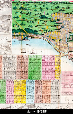 1882 stilizzato colore topografica Mappa di Tokyo, Edo. Dettaglio Mappa, margine di disegni di linee di punti di riferimento della città e pannelli colorati con il distretto informazioni Foto Stock