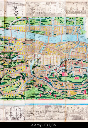 1882 stilizzato colore topografica Mappa di Tokyo, Edo. Dettaglio che mostra una parte della mappa della città e un certo margine di disegni al tratto dei punti di riferimento della città. Foto Stock