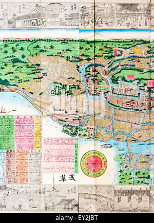 1882 stilizzato colore topografica Mappa di Tokyo, Edo. Dettaglio Mappa, margine di disegni di linee di punti di riferimento della città e pannelli colorati con il distretto di informazioni. Foto Stock