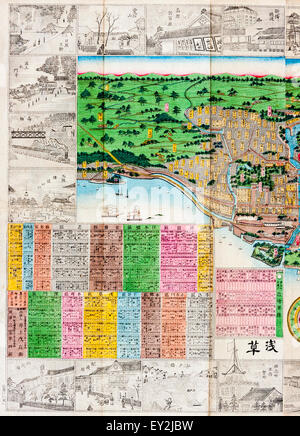 1882 stilizzato colore topografica Mappa di Tokyo, Edo. Dettaglio Mappa, margine di disegni di linee di punti di riferimento della città e pannelli colorati con il distretto di informazioni. Foto Stock