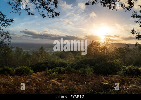 Incredibile Autunno Autunno tramonto sul paesaggio forestale con moody drammatico sky Foto Stock