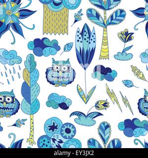 Freschi colori blu molla doodle pattern, bambini illustrazione con alberi di gufi fiori nuvole per il tessuto e il design della carta Illustrazione Vettoriale