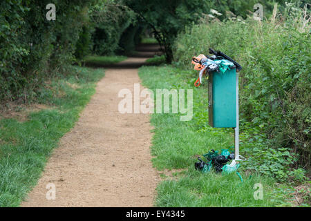 Traboccante cane bidone dei rifiuti su un sentiero di bosco nella campagna inglese. Regno Unito Foto Stock
