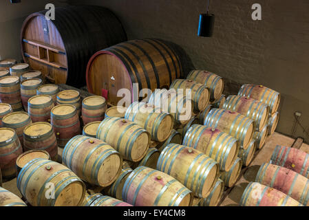 Vino rosso botti realizzato da rovere Francese a Groot Constantia Wine Estate, Città del Capo, Sud Africa Foto Stock