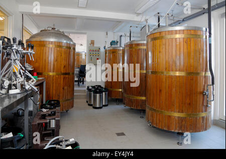 Botti di birra a Halsnæs Bryghus, Halshaes Brew-house, una microbirrificio locale, Hundested Harbour, Zelanda, Danimarca Foto Stock