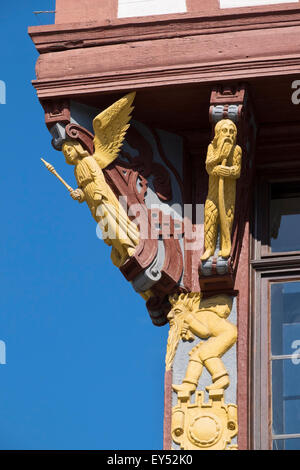 Dettaglio di una casa in legno e muratura, Großer Engel house, Römerberg square, il centro storico, Frankfurt am Main, Hesse, Germania Foto Stock