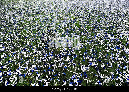 Un sacco di coriandoli sul tappeto erboso di un campo di calcio dopo un momento di festa Foto Stock