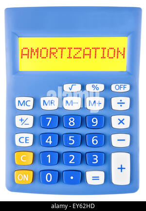 Calcolatrice con ammortamento sul display isolati su sfondo bianco Foto Stock