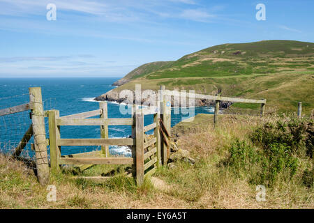 Vista Porth Llanllawen da kissing gate in Wales coast Path sulla Lleyn Peninsula / Pen Llyn, Gwynedd, il Galles del Nord, Regno Unito, Gran Bretagna Foto Stock