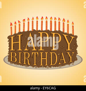 Vector disegnati a mano illustrazione di buon compleanno testo torta al cioccolato. Foto Stock