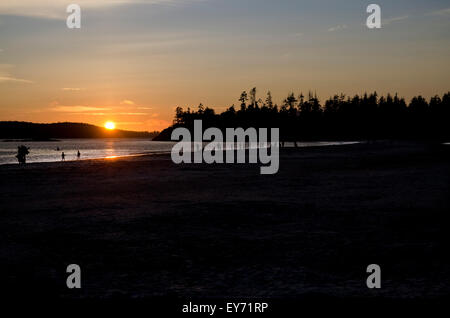 Tramonto sulla spiaggia di Mackenzie in Tofino, British Columbia. La gente camminare sulla spiaggia, oceano pacifico, foresta, montagna. Foto Stock