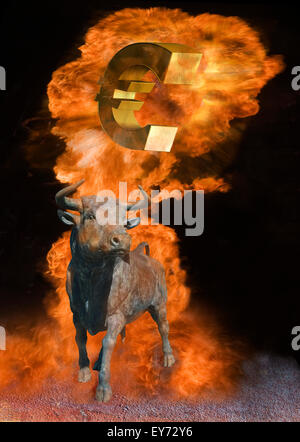 Bull con euro accedi firestorm, immagine simbolica per il mercato bull Foto Stock