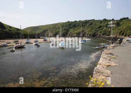 Solva Harbour Porto Pembrokeshire tra alta e bassa marea guardando verso l'estuario e St Brides bay Foto Stock