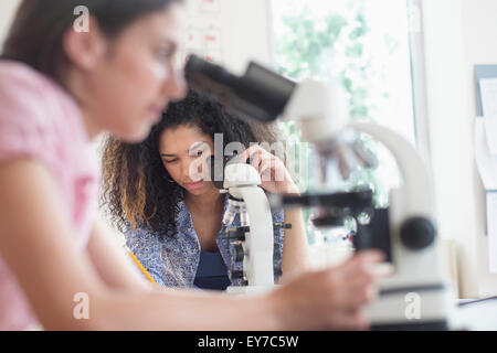 Le ragazze adolescenti (14-15, 16-17) utilizzando il microscopio nella classe di scienze Foto Stock