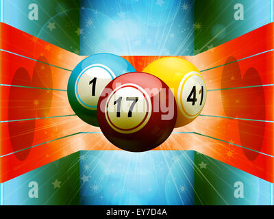 Le sfere di Bingo galleggiante su Blue 3D ambiente con strisce rosse Foto Stock