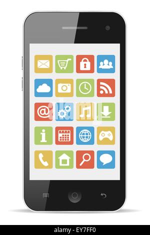 Smart phone con icone di piatto su sfondo bianco Illustrazione Vettoriale