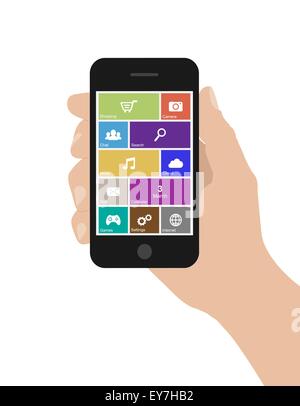 La donna piatta mano trattiene smart phone con icone su sfondo bianco Illustrazione Vettoriale