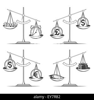 Set di scale. Segni di moneta, denaro, orologio, piume, pesi. Isolato su sfondo bianco. Illustrazione Vettoriale