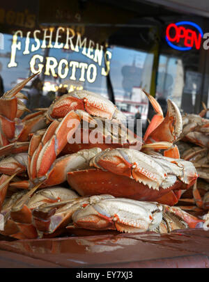 LA GROTTA DI FISHERMAN'S WHARF GRANCHI DI SAN FRANCISCO appena cotti al vapore di Dungeness in attesa di preparazione al Fisherman's Wharf San Francisco California USA Foto Stock