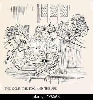 "Il lupo, la Volpe e la scimmia" favola di Esopo (circa 600BC). Un Ape sat come giudice tra una volpe, accusato di furto e Wolf, l'accusatore. Dopo la prova, l'Ape giudicato il lupo ha perso nulla ma la Fox ha rubato. Morale: il disonesto, se essi agiscono onestamente, non ottieni credito. Illustrazione di Arthur Rackham (1867-1939). Vedere la descrizione per maggiori informazioni. Foto Stock