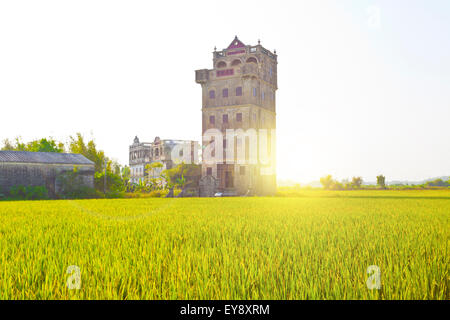 Del Kaiping Diaolou case nel Guangdong, Cina al tramonto Foto Stock