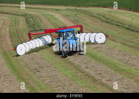 New Holland T5040 con H5980 Rastrello ruota; New Holland, Pennsylvania, Stati Uniti d'America Foto Stock