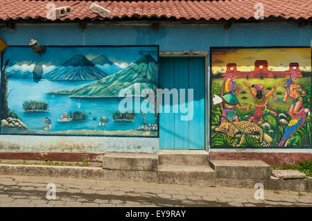 Parete di arte murale a San Juan La Laguna, lago Atitlan, Guatemala Foto Stock