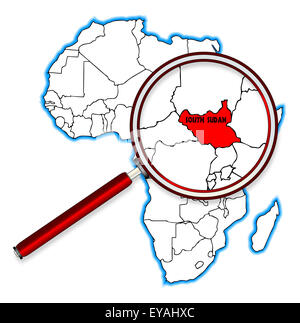 Il sud Sudan delineare inset in una mappa di Africa su uno sfondo bianco Foto Stock