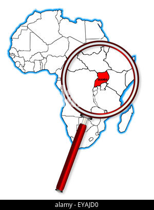 Uganda delineare inset in una mappa di Africa su uno sfondo bianco Foto Stock