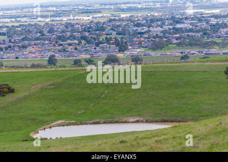 Melbourne periferia a distanza con i campi e terreni agricoli a ribalta con una diga waterhole. contrasto e sviluppo Foto Stock