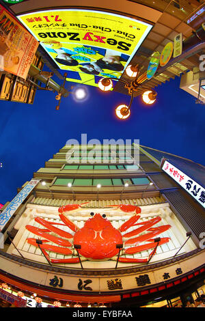 Scena notturna di luminarie e luci al neon su edifici e negozi e Kani Doraku ristorante di pesce granchio in segno di Namba di Osaka Foto Stock